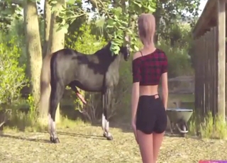 رسوم متحركة جنسية في حديقة الحيوانات مع حصان أشقر يمارس الجنس